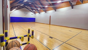 Eine Sporthalle mit Holzboden, einem Basketballkorb und einer blauen gepolsterten Wand.