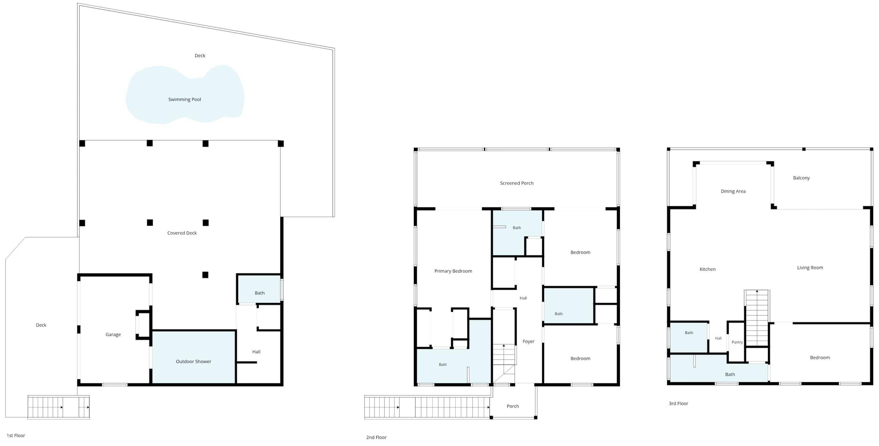 Un bâtiment de trois étages comprenant une piscine, une terrasse couverte, un garage, une douche extérieure, une véranda, une chambre principale, des chambres secondaires, un coin repas, une cuisine, un salon, une salle de bain, un couloir, un hall d’entrée et un balcon.
