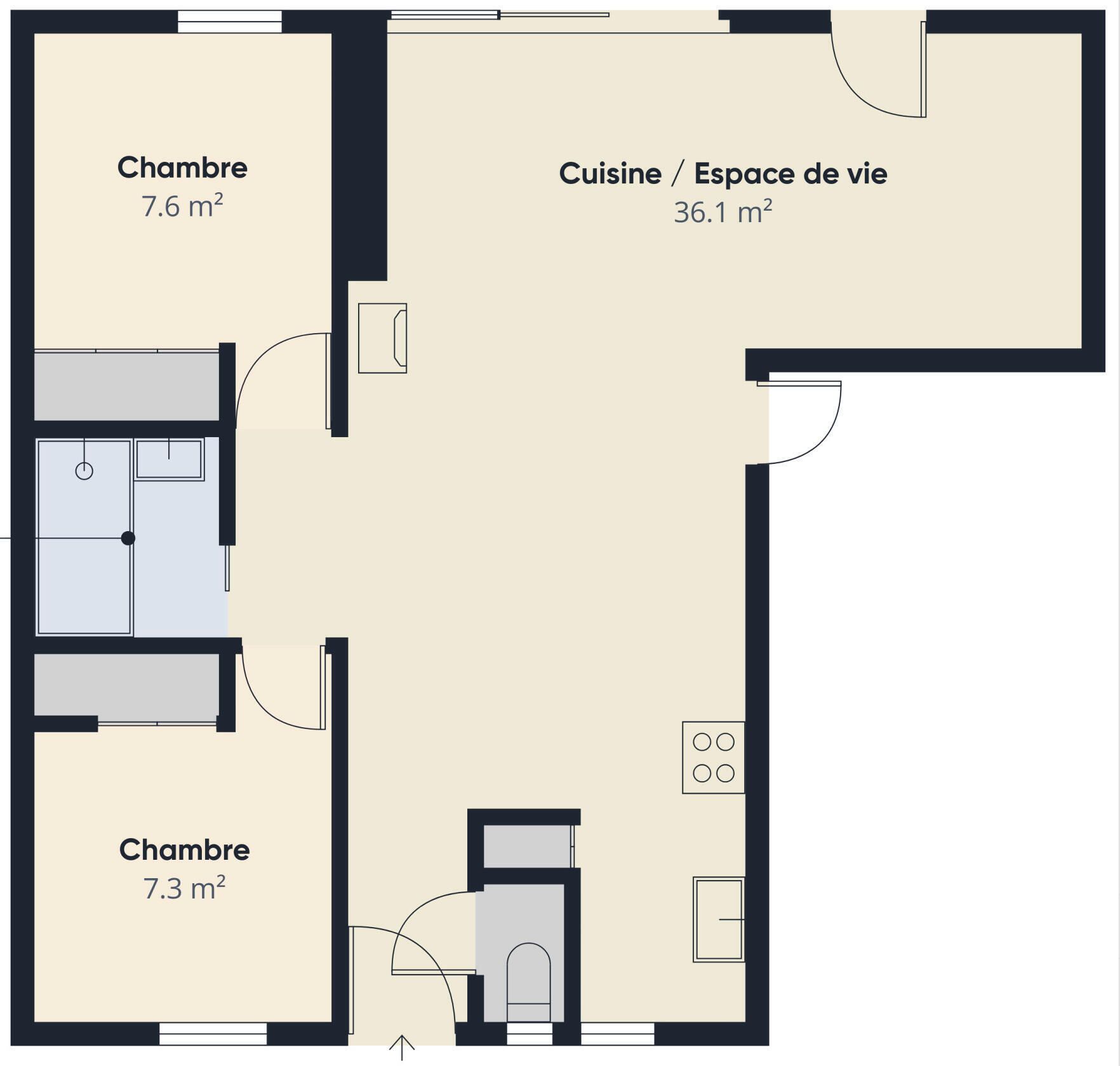 A floor plan with two bedrooms (7.6 m² and 7.3 m²) and a kitchen/living area (36.1 m²).