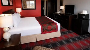 Une chambre d’hôtel équipée d’un lit, d’un bureau, d’une chaise, d’une télévision et d’un four à micro-ondes.