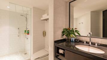 Hair dryer, slippers, towels, soap