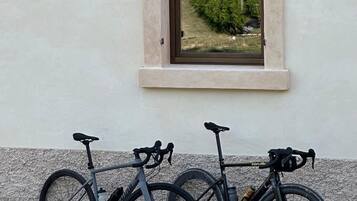 A window with a view of a green landscape, three bicycles parked in front, and a textured wall.