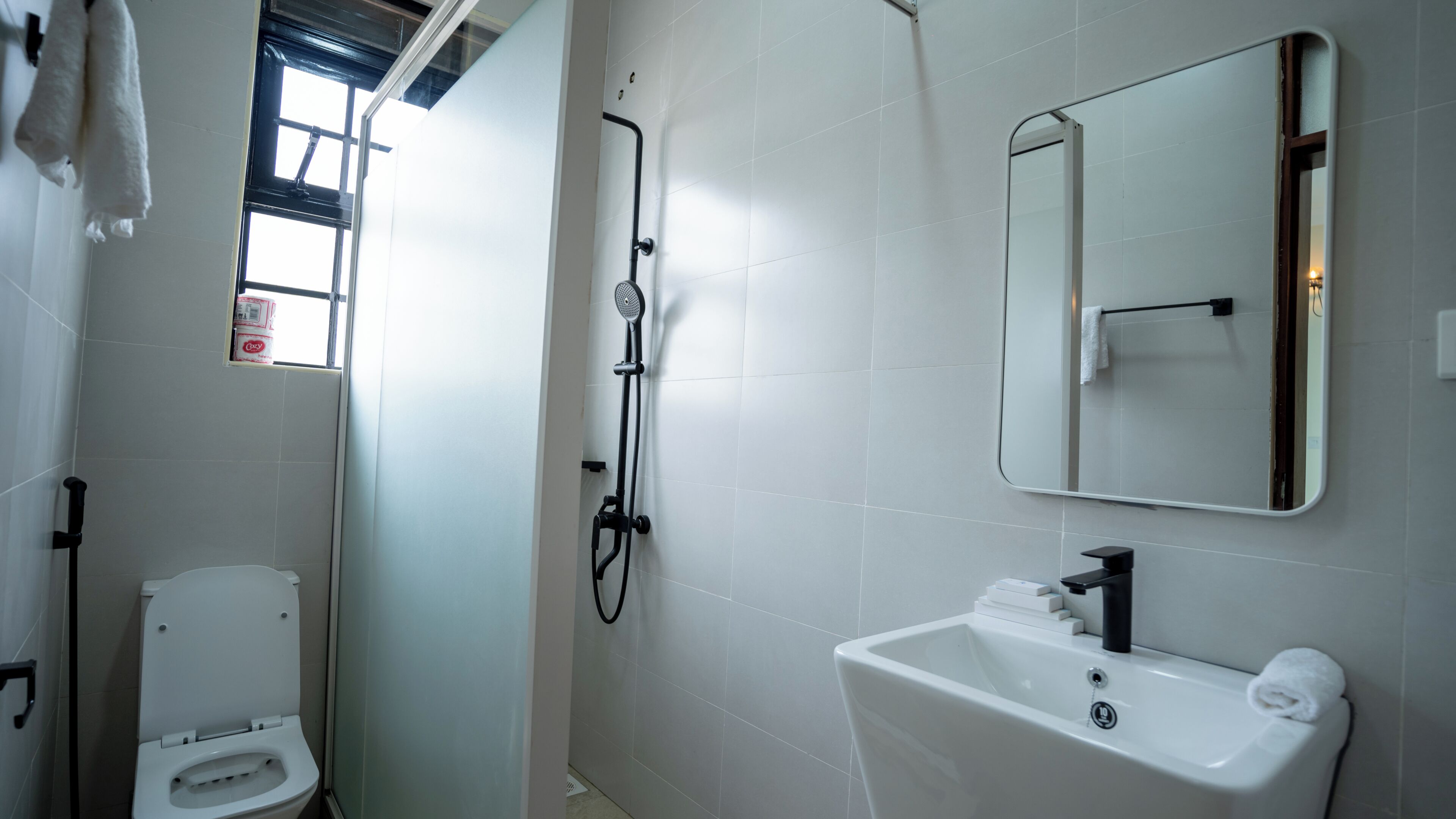 A bathroom with a toilet, a shower, a sink, and a mirror.