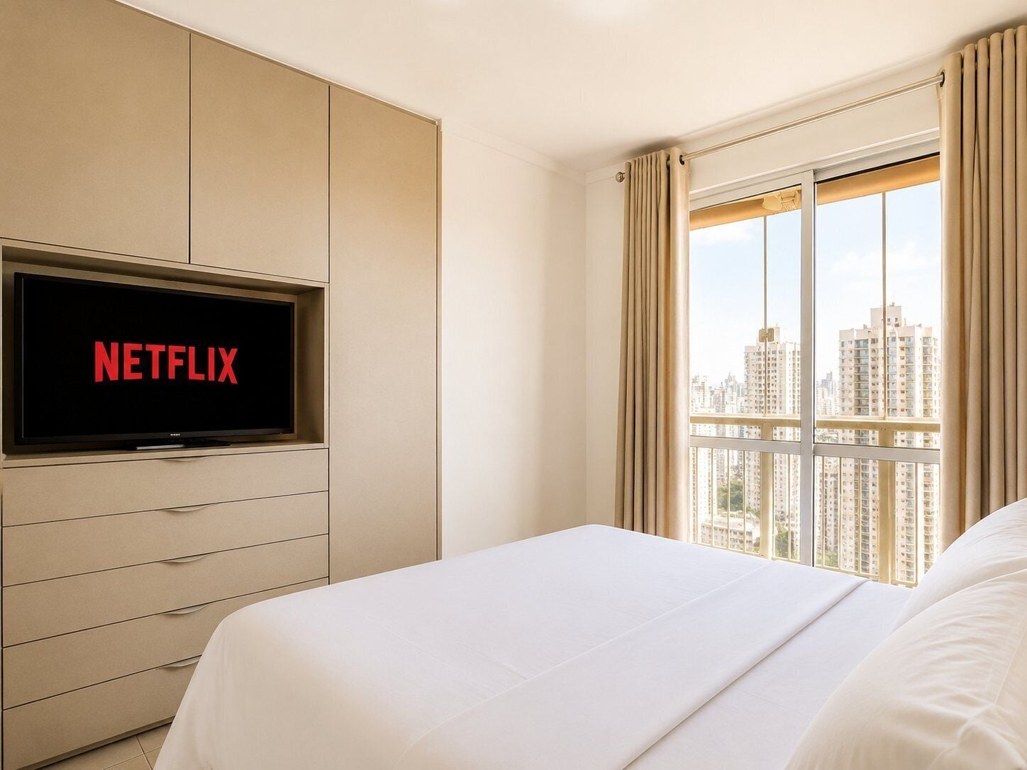 A hotel room with a bed, a TV mounted on the wall, and a window with curtains.