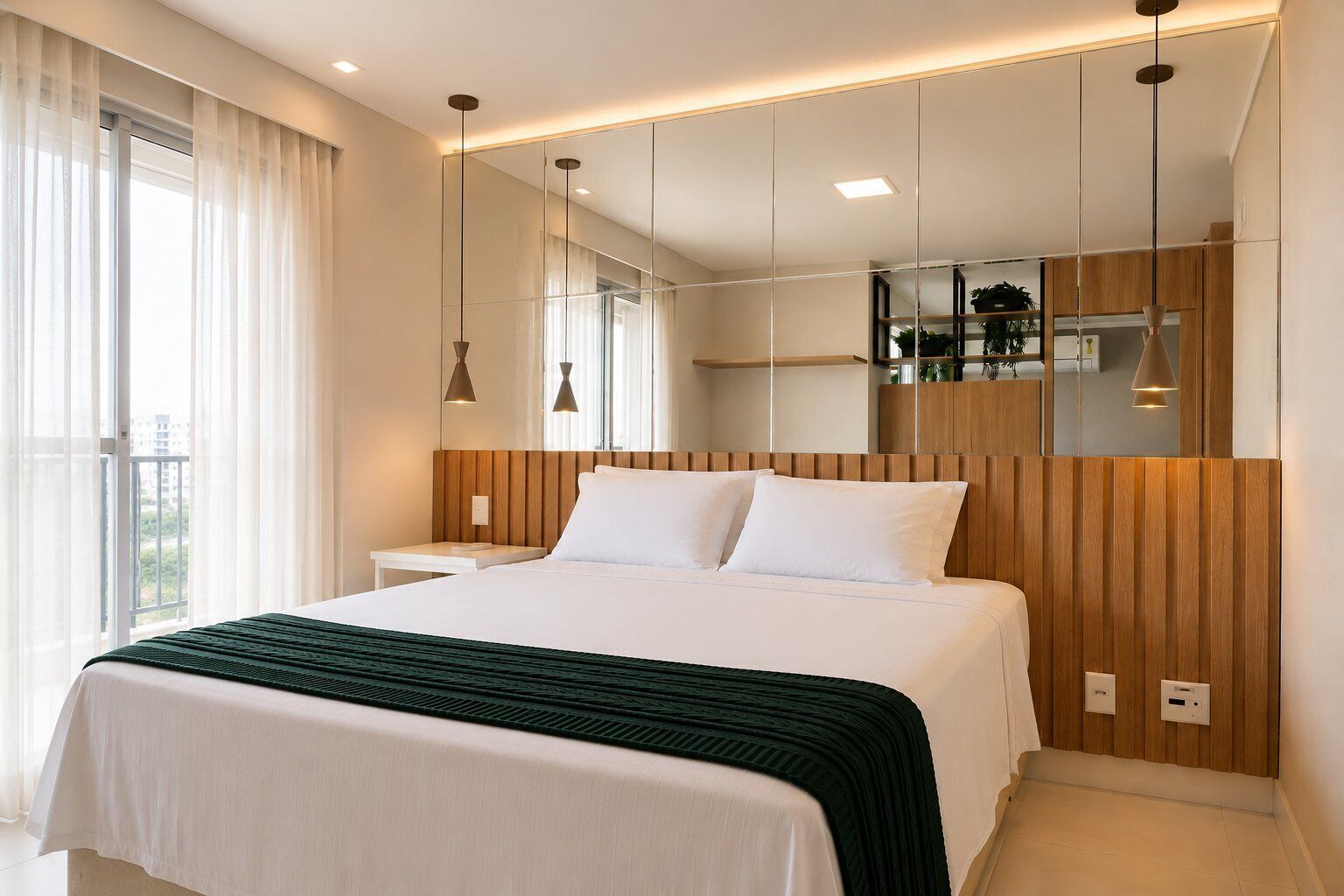 A modern hotel room with a large bed, a bedside table, a mirror, and a view of the city through the window.