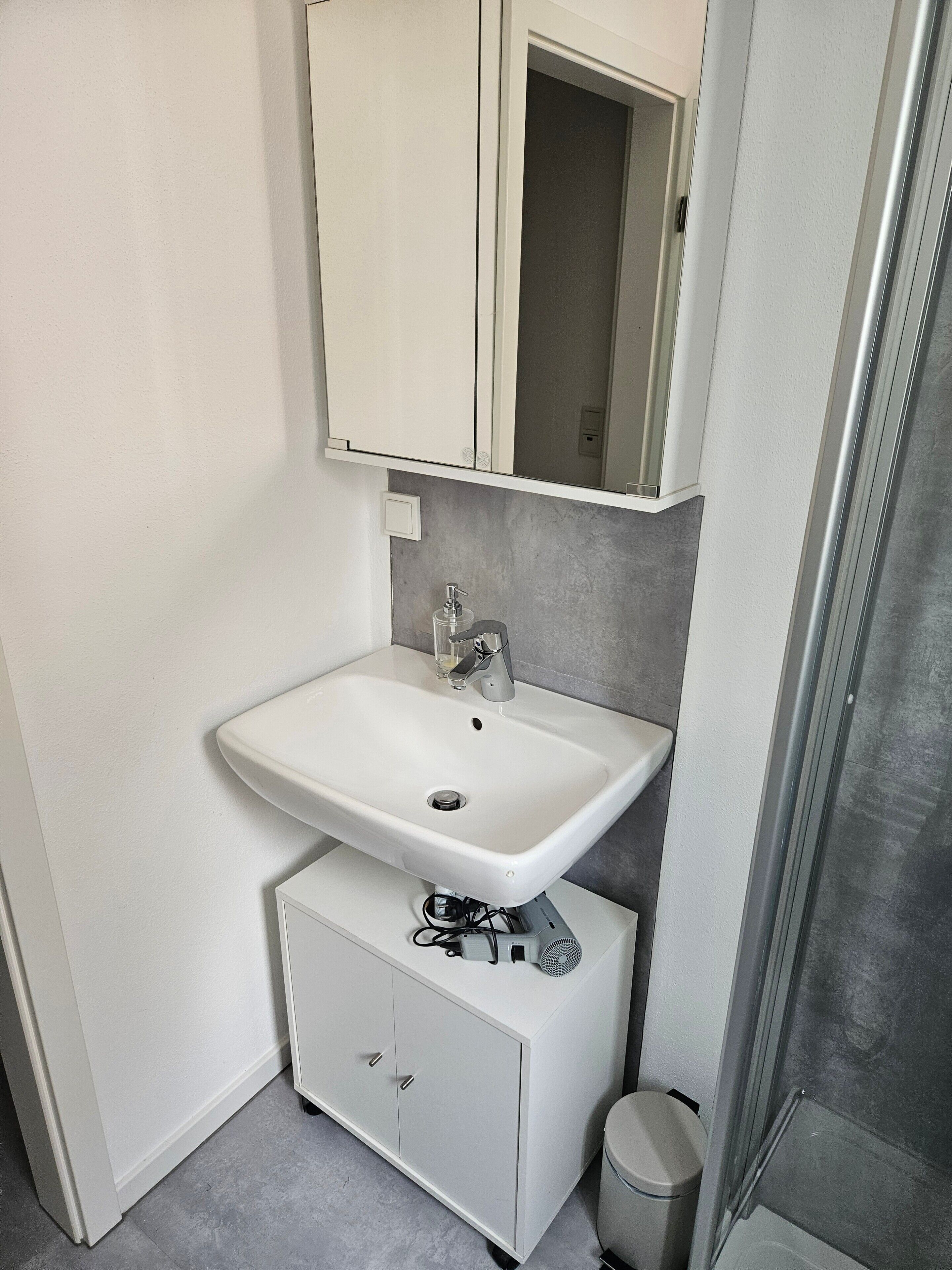 A bathroom with a white sink, mirror, and cabinet.