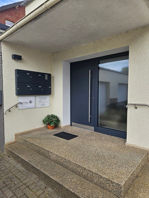 Ein Gebäudeeingang mit Betonstufen, einer schwarzen Tür mit Metallgriffen, einem Blumentopf und einem Briefkasten mit mehreren Fächern.