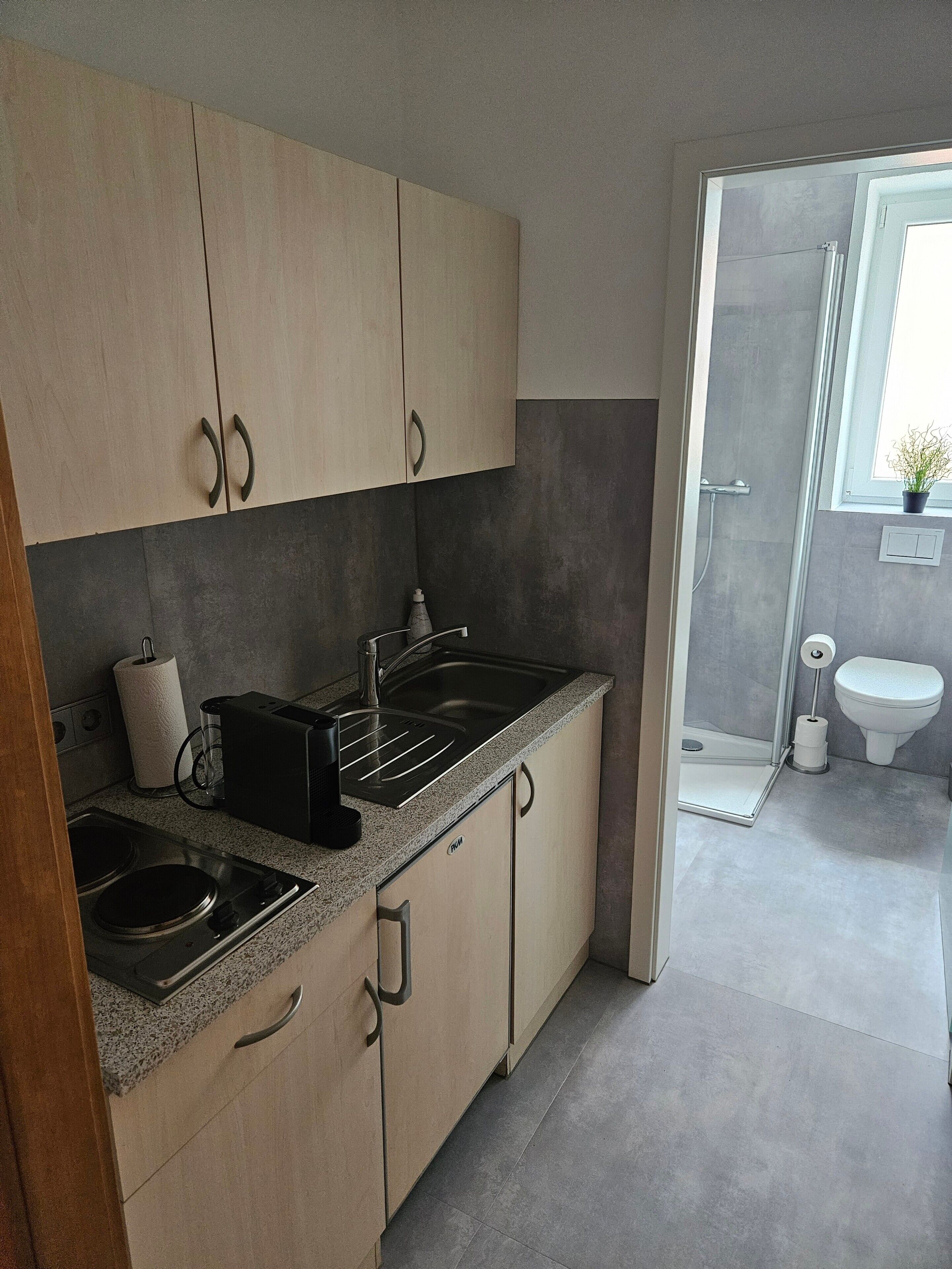A modern kitchen with a built-in stove, a sink, and cabinets.