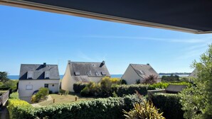 Zona residencial con casas, cielo despejado y vista al mar.