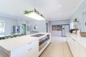 A modern kitchen with a central island, built-in appliances, and a hanging plant light fixture.