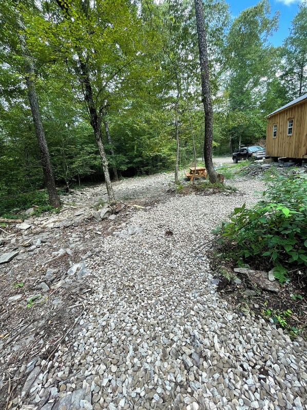 A gravel path leading to a wooden cabin in a wooded area. - Peaceful & private 1 room cabin  
near stream/water (Smithville Flats)