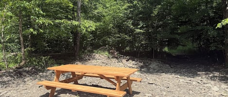 Ein Holztisch für ein Picknick in bewaldeter Landschaft mit erdigem Untergrund.