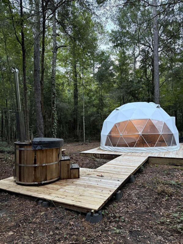 Une structure en forme de dôme géodésique, située dans un cadre forestier, avec une terrasse en bois et un sauna.