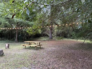 A picnic table in a forested area with string lights overhead.