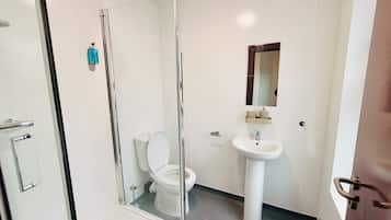 Un baño con ducha envuelta en vidrio, inodoro blanco, lavamanos pedestal y un espejo sobre el lavamanos.