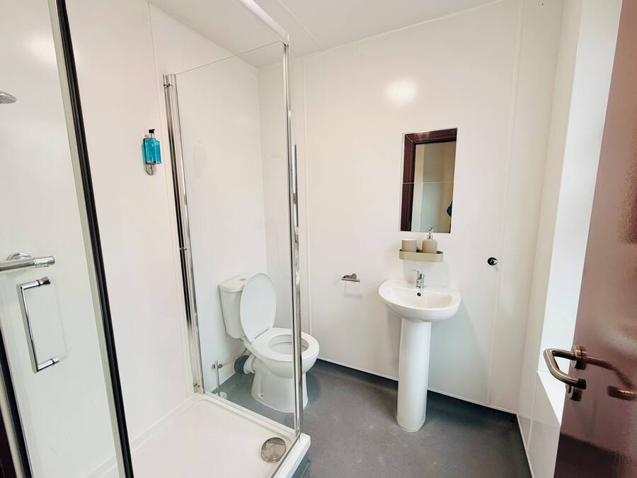 Un baño con ducha envuelta en vidrio, inodoro blanco, lavamanos pedestal y un espejo sobre el lavamanos.