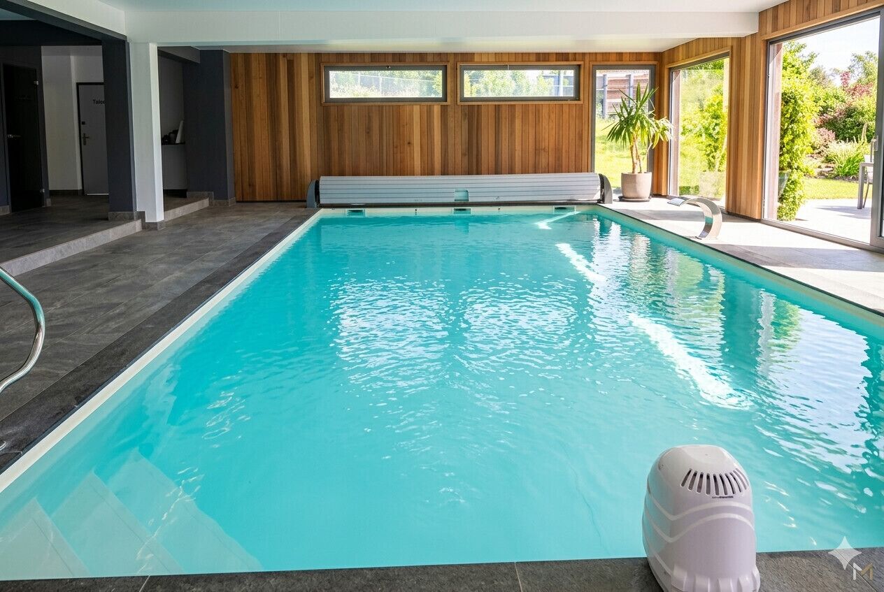 Une piscine à l’eau d’un bleu cristallin, avec des parois en bois et un banc le long du bord.