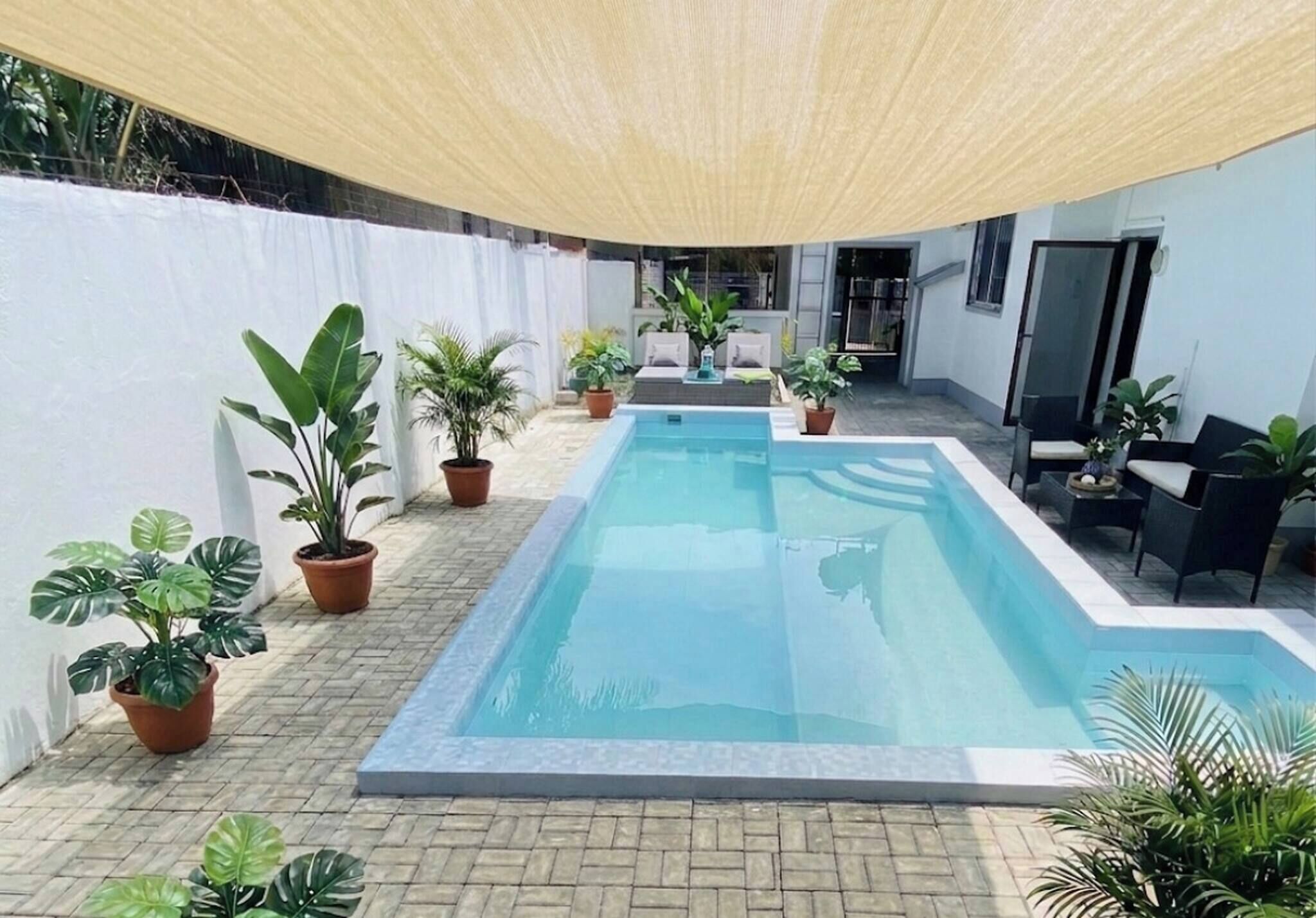 Une piscine rectangulaire bordée de carreaux, entourée de plantes en pot et de mobilier d’extérieur.