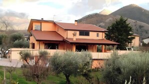 Une maison à deux étages, avec un toit en pente, un garage et une vue sur une montagne.