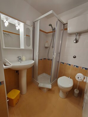 Een badkamer met een wastafel, toilet, douche en spiegel.