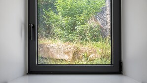 Ein Fenster mit Blick auf eine natürliche Landschaft, darunter Bäume und eine Felsformation.