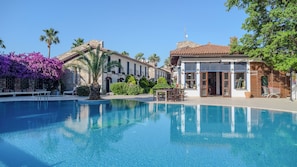 A pool with clear water, a building with a tiled roof, and a palm tree. - Aydos Hotels & Breeze Restaurant (Ortaca)