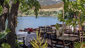 Un espacio exterior para comer con mesas y sillas, un árbol grande y vistas a un lago.