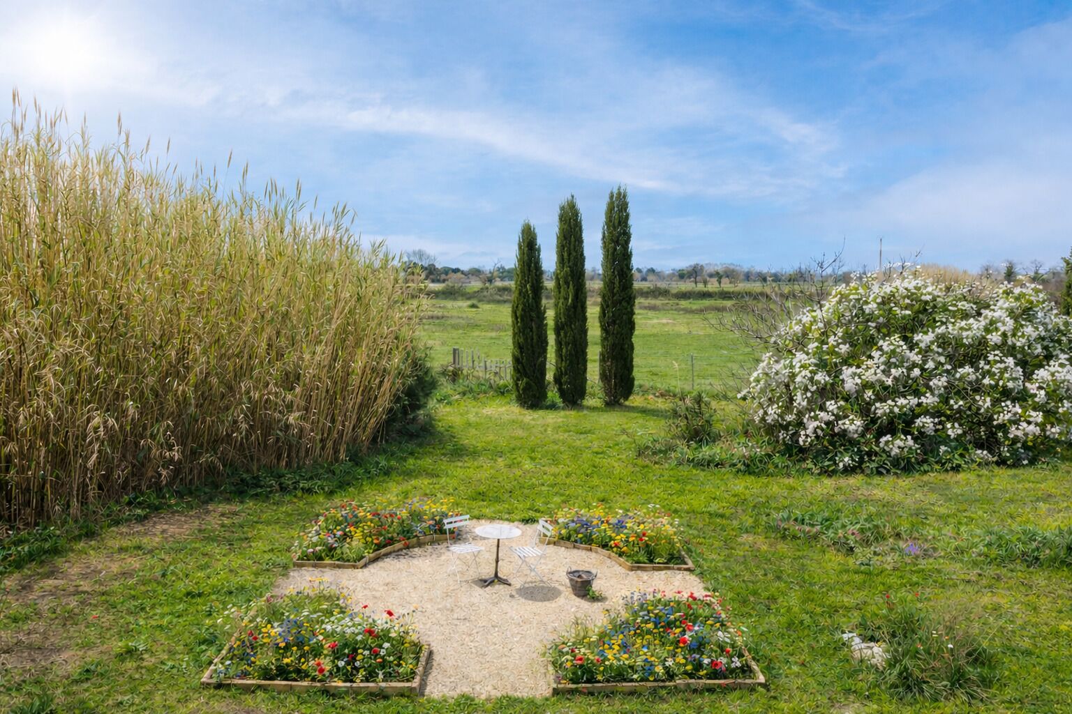A garden with a central flower bed, tall grasses, and a hedge.