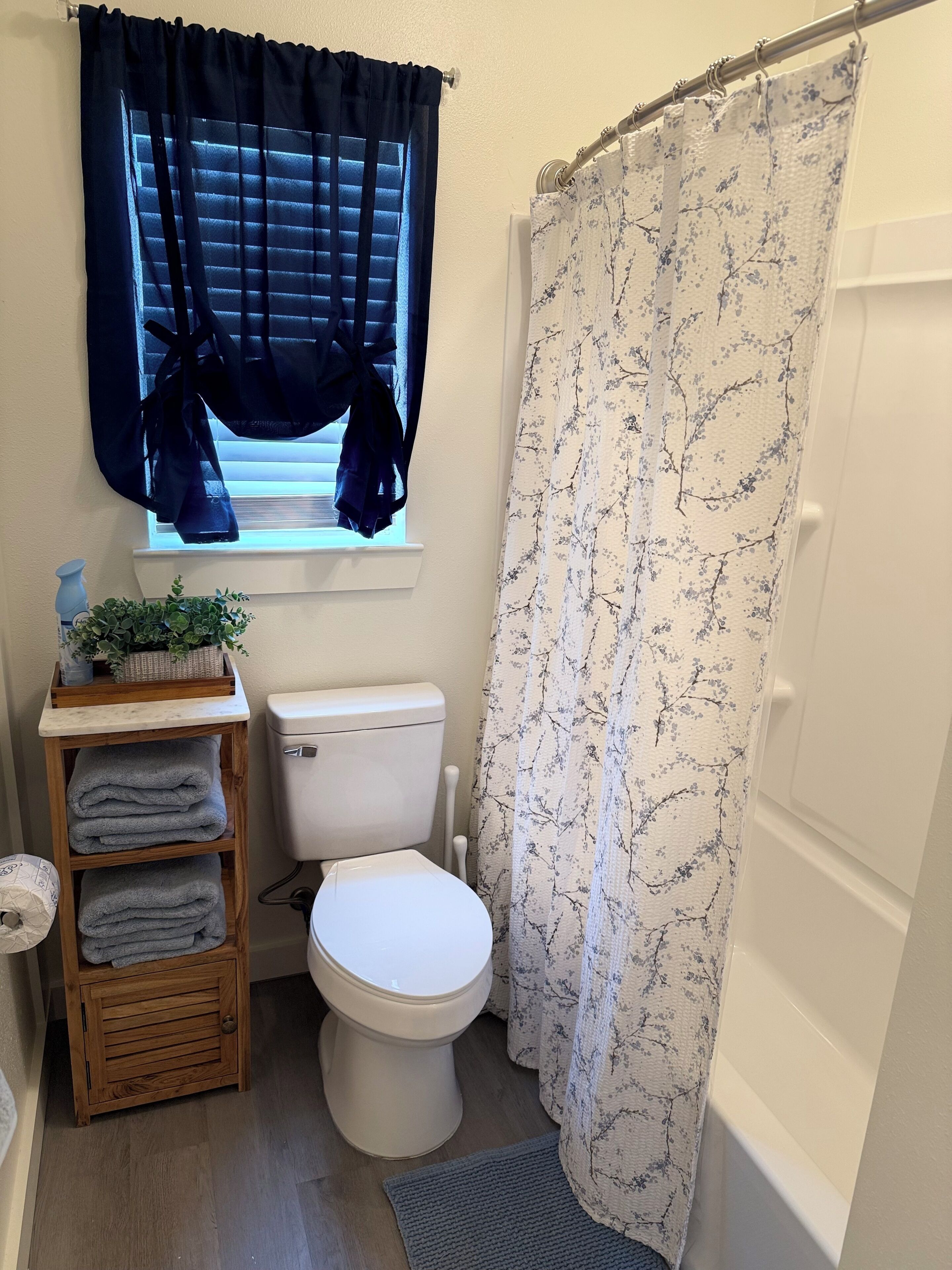 Hair dryer, towels, soap, toilet paper