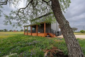 A single-story house with a porch, surrounded by a grassy field with purple flowers. - Stay on the Wine Trail - Luxury 5-Acre Fredericksburg Private Retreat (Fredericksburg)