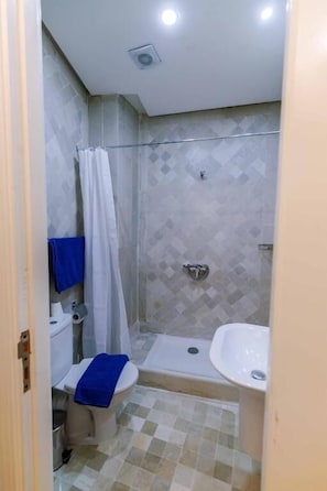 Een badkamer met een douche, toilet en wastafel.