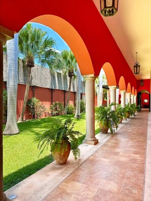 A corridor with arches, palm trees, and potted plants. - Family 3 bdrm Hacienda House in Centro (Centro)