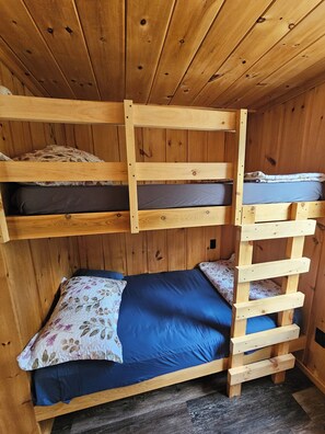 Un lit superposé avec un lit inférieur et une échelle, des murs en bois et un matelas de couleur foncée.