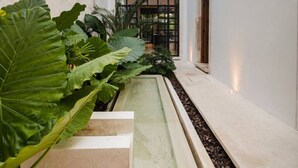 Een modern gebouw met een smalle watergang, grote groene planten en een heldere lucht.