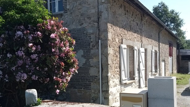 Ein Steinhaus mit Hausnummer, Fenster und Blumenkasten.