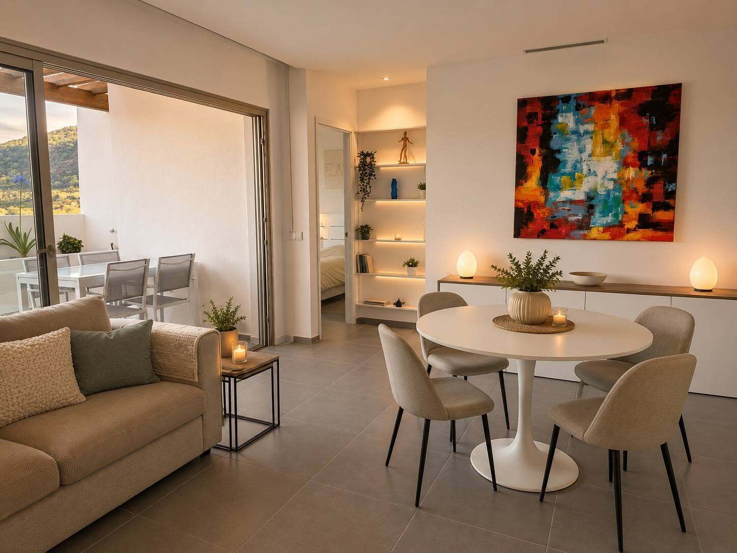 A modern living room with a sofa, a dining table with chairs, a large abstract painting, and a view through a glass door.