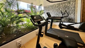 Een sportschool thuis met loopbanden, een hometrainer en een groot raam met uitzicht op een tuin.