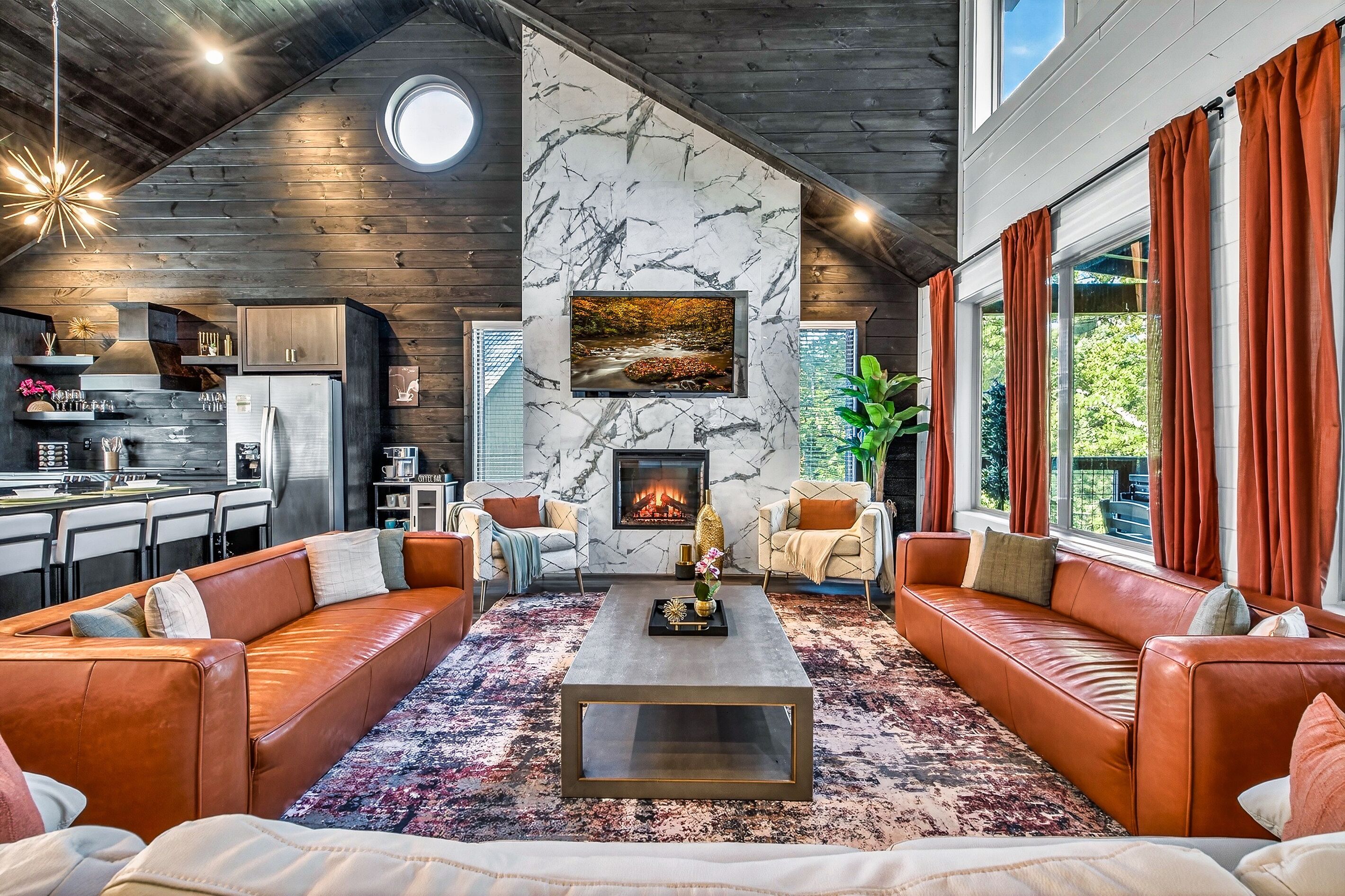 Smart TV, fireplace, video library