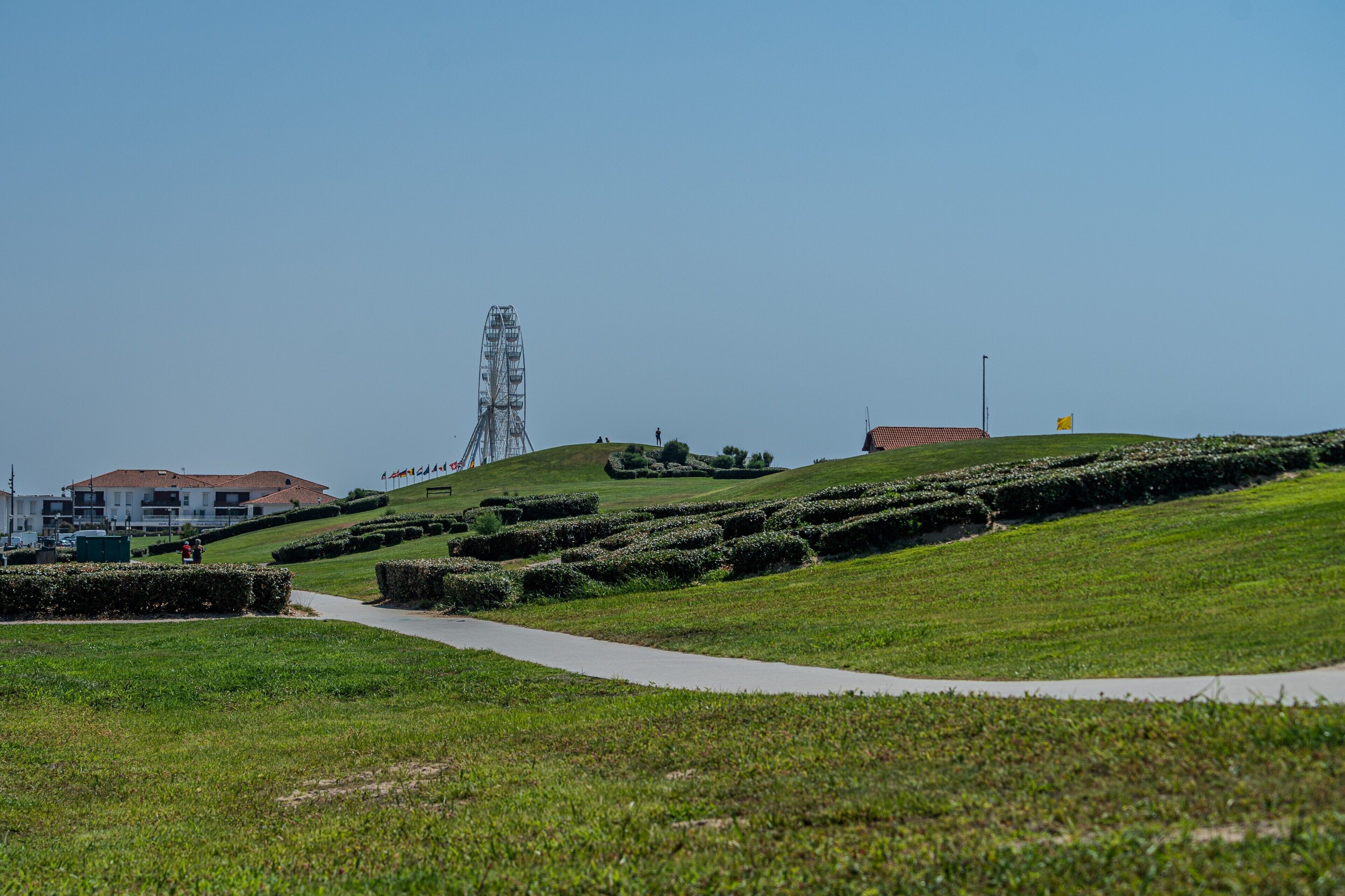A grassy hill with a paved path, a Ferris wheel, and buildings in the background.
