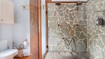 Hair dryer, towels, soap, toilet paper