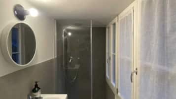 Shower, hair dryer, towels