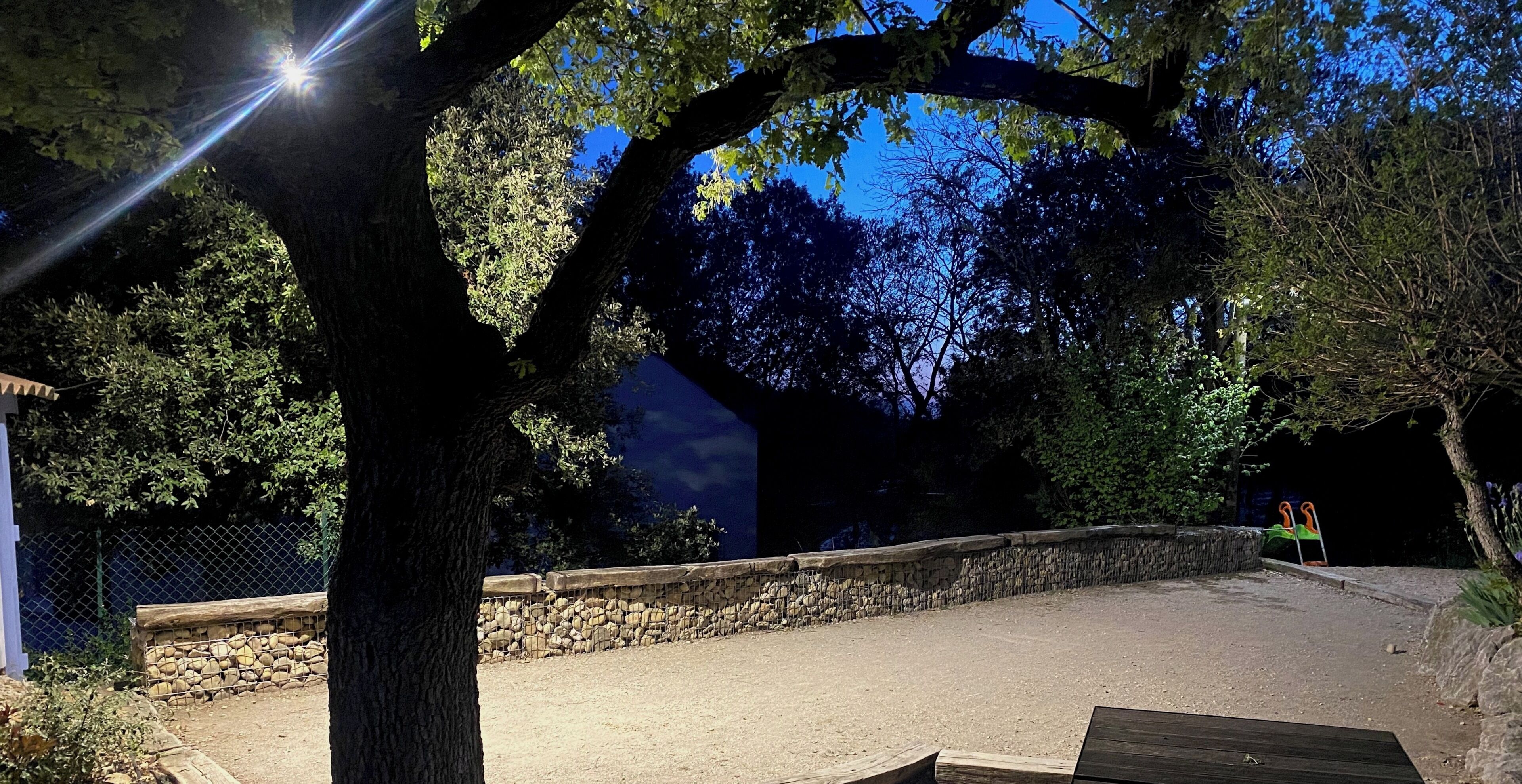 A paved area with a stone wall, trees, and a bench.
