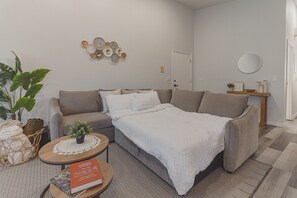 Een moderne woonkamer met een bank, een salontafel, een klein boekenrek en een potplant.