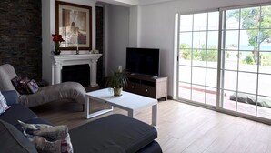 Een woonkamer met een open haard, een televisie, een bank en een groot raam.