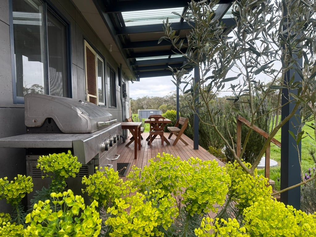 Un espace extérieur abrité, équipé d’un barbecue, de meubles en bois et agrémenté de plantes à fleurs jaunes.