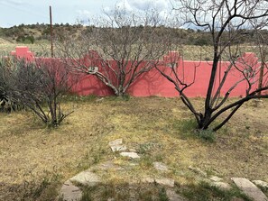 Ein trockenes, grasiges Gelände mit vereinzelter Vegetation und einer roten Wand im Hintergrund.