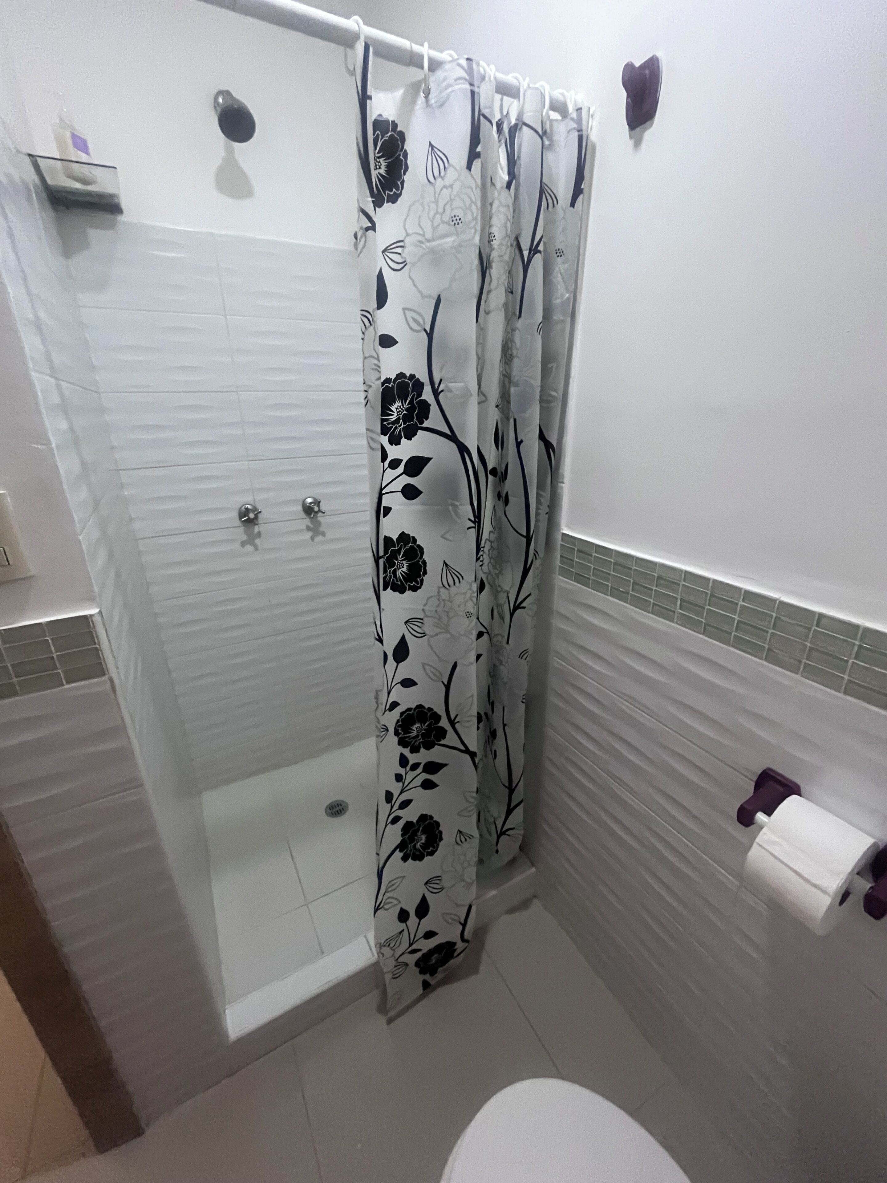 Douche, sèche-cheveux, serviettes fournies, savon