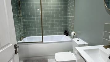 Hair dryer, towels, soap, toilet paper