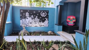 Pared azul com um mural, um crânio decorativo e um jardim com plantas e pedras.