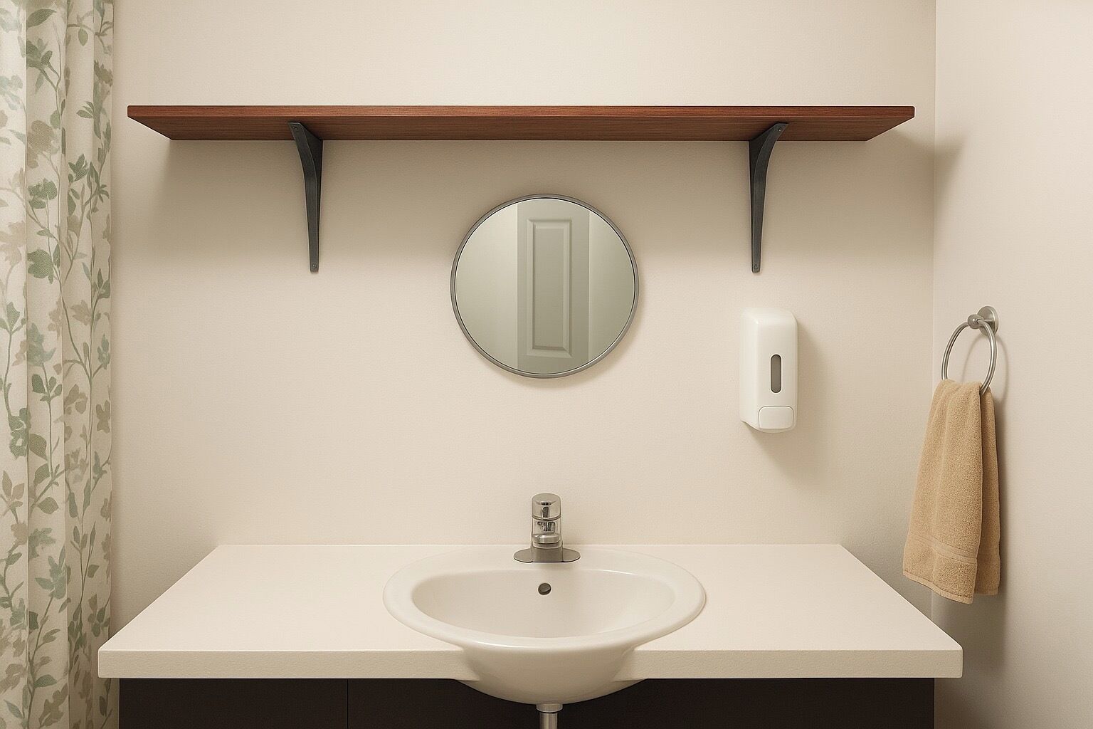 A bathroom with a white sink, a mirror, a soap dispenser, and a towel rack.